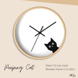 Black Cat Wall Clock: Minimalist Wooden Frame, Silent Clock