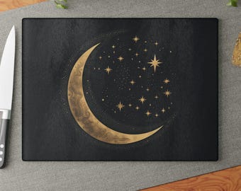 Tabla de cortar de vidrio templado Gold Moon: Decoración de cocina celestial