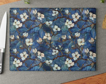 Tabla de cortar con diseño floral de cornejo: regalo botánico para la cocina, decoración de vidrio templado azul