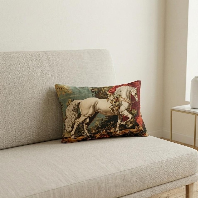 Op de afbeelding: Een decoratief rechthoekig kussen met een gedetailleerde illustratie van een wit paard met bloemaccenten. Het kussen heeft een tapijtachtig ontwerp met een achtergrond van groene en rode tinten, rustend op een lichtgekleurde bank.