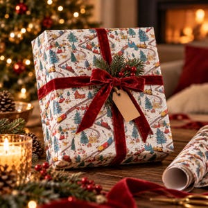 May include: A square gift box wrapped in white paper featuring a repeating pattern of red trains, green pine trees, and small houses. The box is tied with a deep red velvet ribbon bow, accented with a small pine sprig and a blank brown tag.
