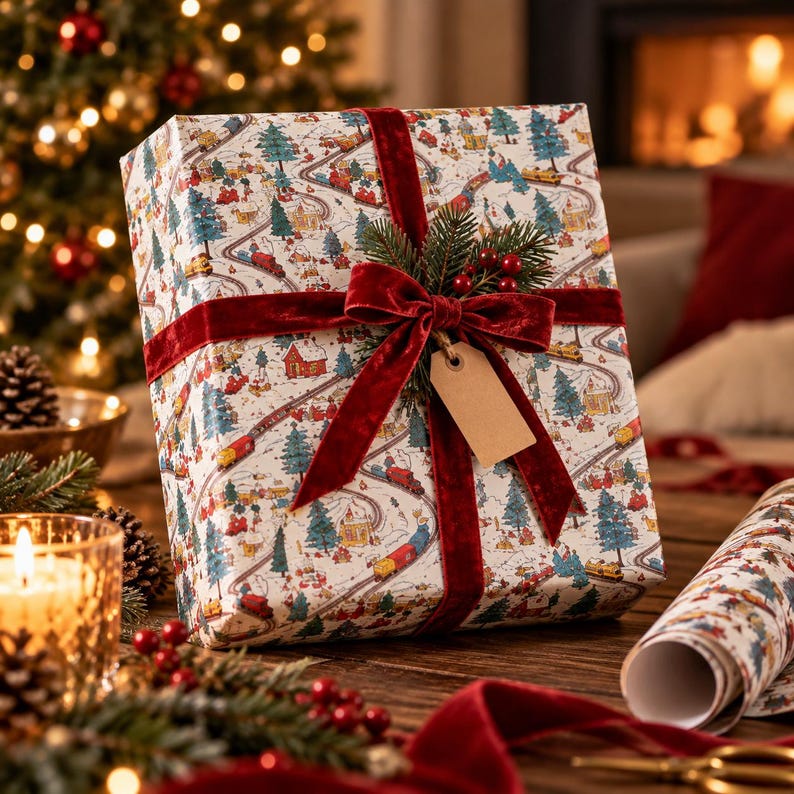 May include: A square gift box wrapped in white paper featuring a repeating pattern of red trains, green pine trees, and small houses. The box is tied with a deep red velvet ribbon bow, accented with a small pine sprig and a blank brown tag.