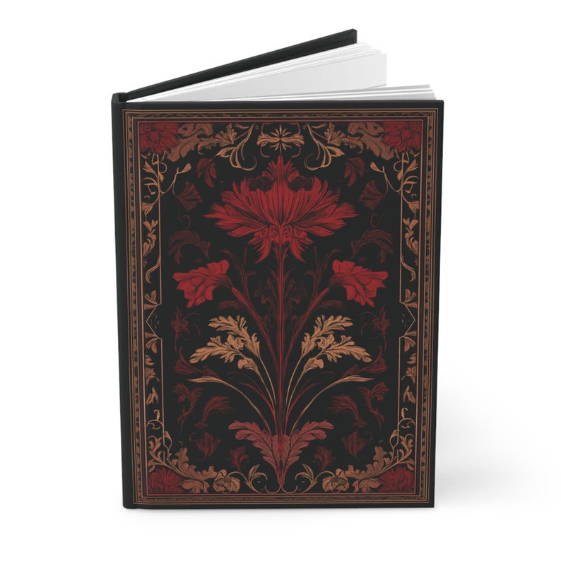 Op de afbeelding: Een hardcover journal met een zwarte rug. De omslag heeft een donkere achtergrond met een bloemenontwerp in rode, gouden en bruine tinten. Het bloemenontwerp bevat een grote centrale bloem en kleinere bloemen.