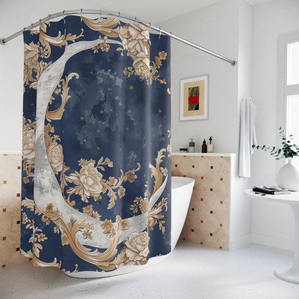 Victorian Style Moon Shower Curtain Moon Bathroom Decor Victorian Ornament Curtain Blue Gold Moon Celestial Decor Bath Curtain Victorian