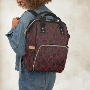 Gothic diaper backpack Goth mom diaper bag Red damask travel bag