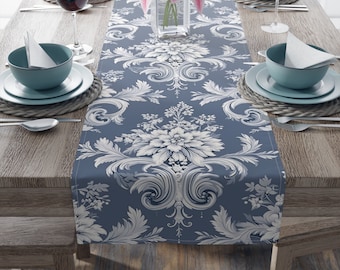 Blue French Table Runner Chic Table Versailles Runner Floral Blue Runner White Ornament Runner Flower Table Arabesque Runner Royal Table