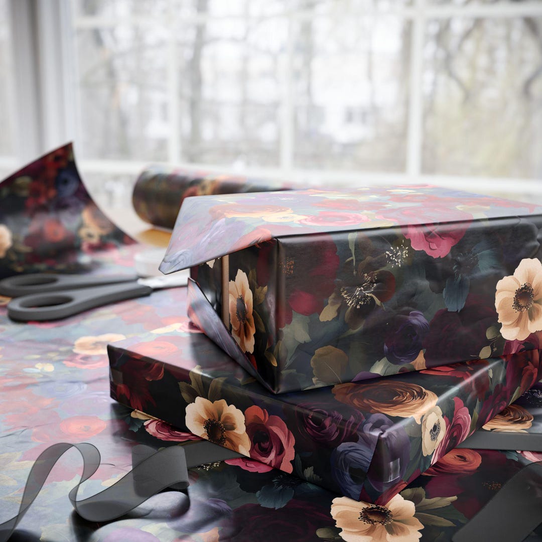 Dark Floral Wrapping Paper: Moody Botanical Gift Wrap - Etsy