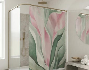 Cortina de ducha rosa y verde: elegante decoración floral artística para el baño.