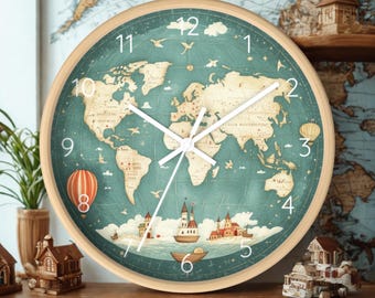 Reloj de pared con mapa del mundo: Decoración de globo terráqueo para guardería, habitación infantil