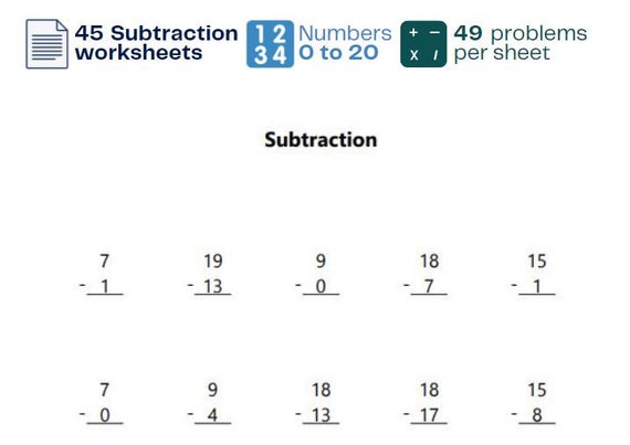 45 subtraction worksheets with answers numbers 0 20 grade etsy