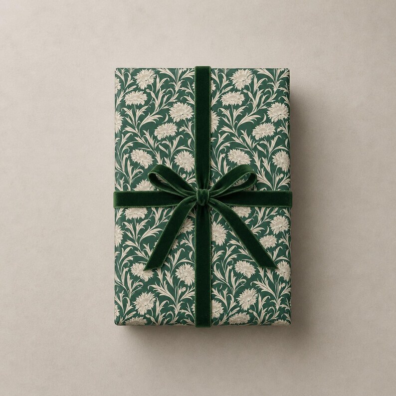 K&ouml;nnte beinhalten: Ein rechteckiges Geschenk, verpackt in dunkelgr&uuml;nem Papier mit wei&szlig;em Blumenmuster, gebunden mit einem dunkelgr&uuml;nen Samtband und einer Schleife. Das Papier hat ein sich wiederholendes Muster aus wei&szlig;en Blumen und Bl&auml;ttern.