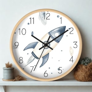 Rocket Wall Clock: Space Theme Silent Clock, Boy Nursery or Playroom Decor