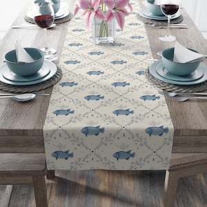 Nautical Fish Table Runner - Coastal Blue Ocean Pattern Table Linen