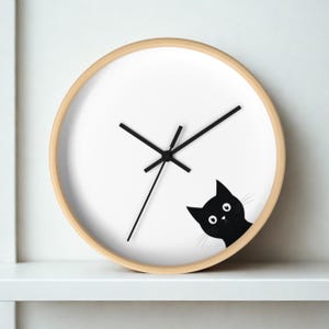 Black Cat Wall Clock: Minimalist Wooden Frame, Silent Clock