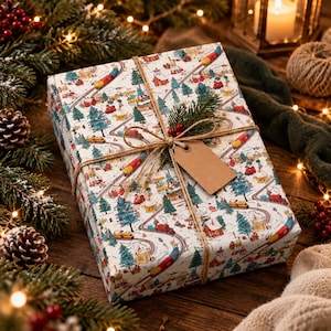 Op de afbeelding: Een rechthoekige geschenkdoos verpakt in wit papier met een herhalend patroon van kleurrijke treinen, besneeuwde huizen en dennenbomen. Het pakket is vastgebonden met bruin touw, een takje dennennaalden en een leeg bruin label.