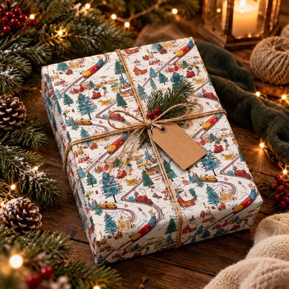 Christmas Train Wrapping Paper: Nostalgic Winter Gift Wrap, Children's Holiday Paper