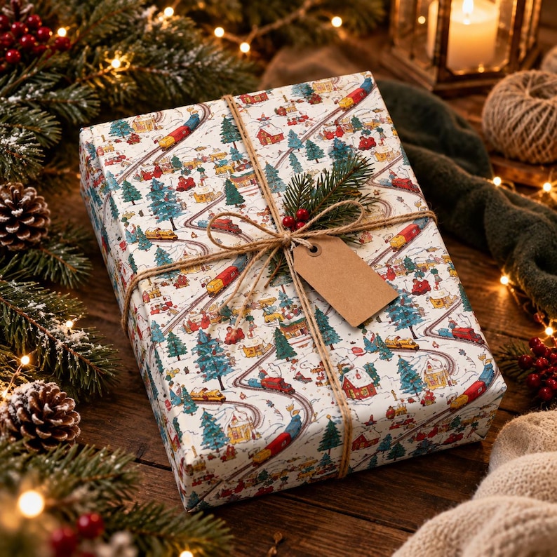 May include: A rectangular gift box wrapped in white paper featuring a repeating pattern of colorful trains, snow-covered houses, and evergreen trees. The package is tied with brown twine, a small sprig of pine, and a blank brown gift tag.