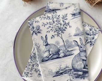 Servilletas de conejito de Pascua: Conejos florales de Toile de Jouy francés, juego de 4