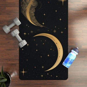 Celestial Yoga Mat Moon Celestial Yoga Mat Golden Moon and Stars Fitness Mat Golden Moon Yoga Mat Black and Gold Rubber Yoga Mat Moon