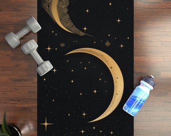 Celestial Yoga Mat Moon Celestial Yoga Mat Golden Moon and Stars Fitness Mat Golden Moon Yoga Mat Black and Gold Rubber Yoga Mat Moon