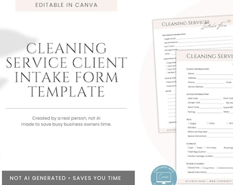 May include: A digital cleaning service client intake form template with sections for client information, access details, pets, and cleaning preferences. The document features the text Cleaning Services Intake Form and is editable in Canva.