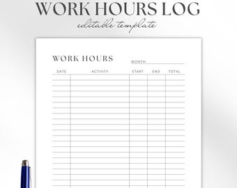Editable Work Hours Log Template, Canva Time Tracker Sheet for Freelancers, Small Business, Contractors, Printable US Letter, A4, A5, Half