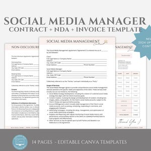 Editable Social Media Manager Contract Template, Freelance Social Media Management Agreement, Non Disclosure and Invoice Canva Template