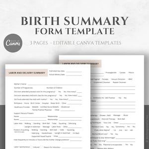Editable Birth Summary Template, Labor and Delivery  Summary Sheet for Birth Doulas, Midwives, and other birth professionals, Canva editable