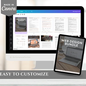 May include: A computer screen displaying a web design bundle template on Canva. The template includes a website design proposal, about us page, and a web design bundle cover page. The text on the screen reads "Web Design Bundle". A tablet displaying a similar web design bundle cover page is in the foreground. The text on the tablet reads "Web Design Bundle".