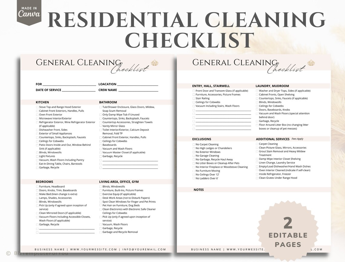 Residential General Cleaning Checklist Editable House Etsy
