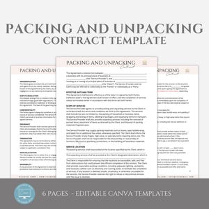 Op de afbeelding: Een zes pagina's tellende, afdrukbare contracttemplate voor inpak- en uitpakdiensten. De template bevat secties voor identificatie, effectieve data en voorwaarden, reikwijdte van diensten, service locatie, verzekering, beëindiging, non-solicitation en scheidbaarheid. De template is ontworpen voor gebruik door inpak- en uitpakdienstverleners.