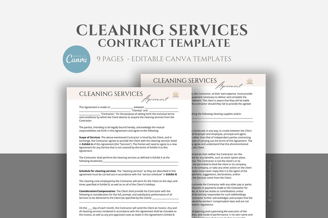 Cleaning Business Contract Template, Editable Cleaning Service Agreement, Residential Cleaning
