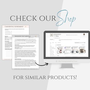 May include: A computer screen displaying a website with a variety of printable business templates. The website is called "BizTemplateForYou" and features templates for car rental agreements, window tint services, and other business needs. The text "CHECK OUR Shop" is displayed above the computer screen.