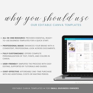 May include: A laptop computer displaying a Canva design template with the text "Why you should use our editable Canva templates". The text highlights the benefits of using Canva templates, including being an all-in-one resource, providing a professional image, being fully customizable, user-friendly, and cost-effective.