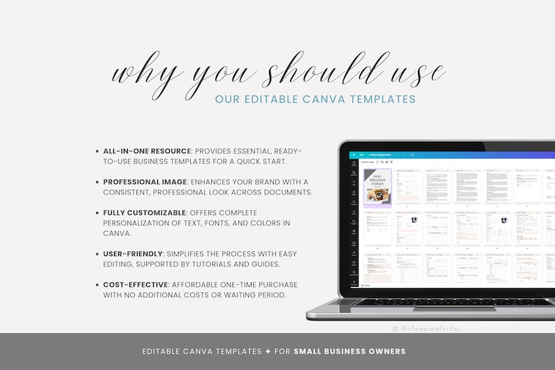 May include: A laptop computer displaying a Canva design template with the text "Why you should use our editable Canva templates". The text highlights the benefits of using Canva templates, including being an all-in-one resource, providing a professional image, being fully customizable, user-friendly, and cost-effective.