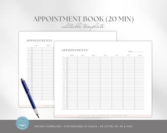 20-Minute Appointment Book Template, Editable Canva Scheduler, Weekly Planner, Client Booking Log, Tracker US Letter, A4, A5, Half Size