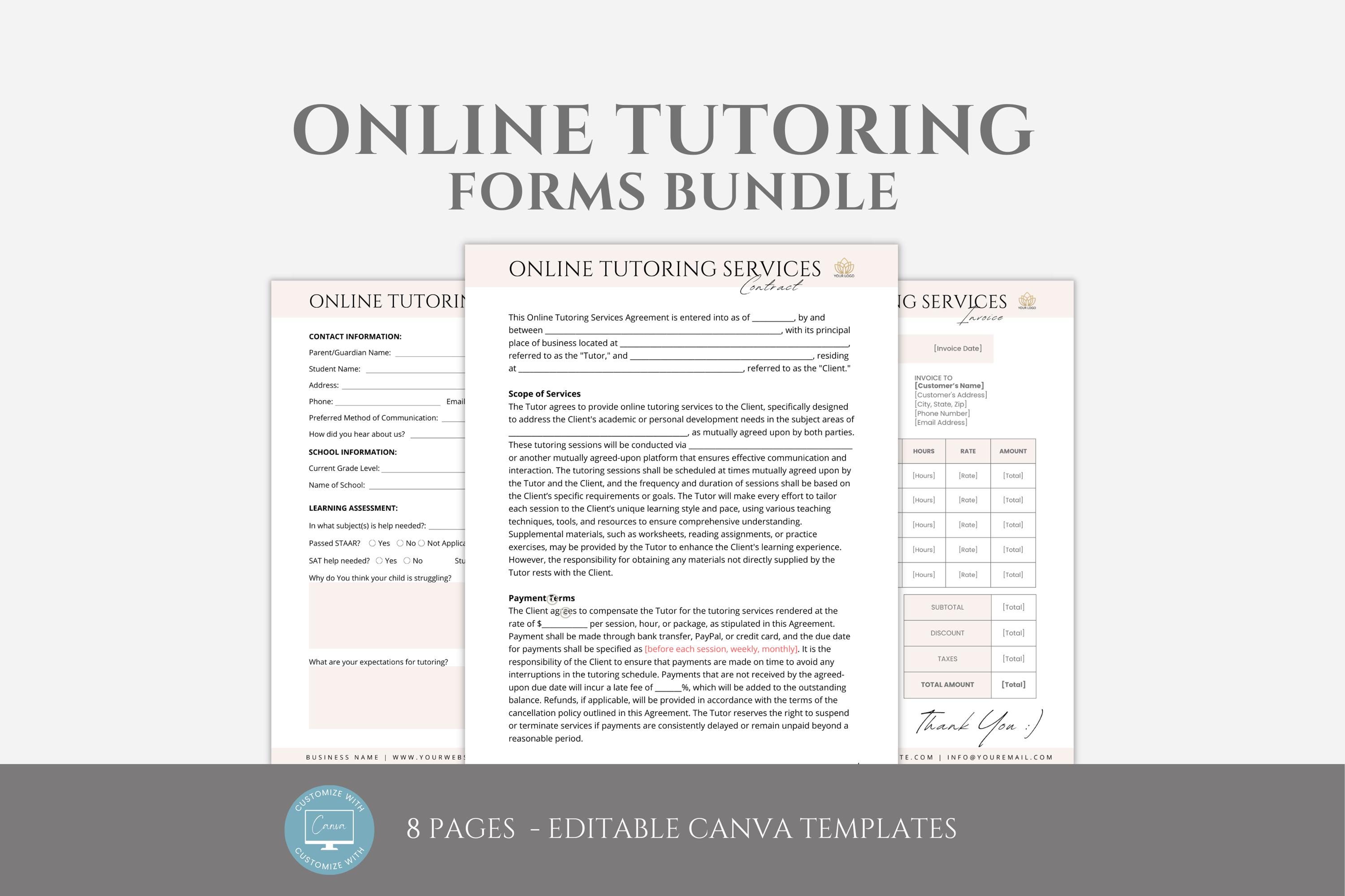 Editable Online Tutoring Forms Bundle, Tutoring Service Agreement ...