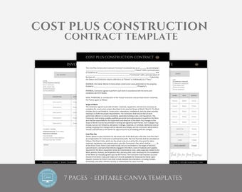 Op de afbeelding: Een zwart-witte, afdrukbare contracttemplate voor bouwprojecten met een kost plus constructie. De template bevat 7 pagina's en is bewerkbaar in Canva. De tekst op de pagina luidt "Kost Plus Constructie Contract Template".