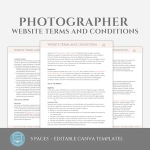 May include: A set of five printable website terms and conditions templates for photographers. The templates are designed to be edited in Canva and are available in a modern, minimalist style with a light gray background and a pink accent color. The text "PHOTOGRAPHER WEBSITE TERMS AND CONDITIONS" is displayed in a large, bold font at the top of the page.