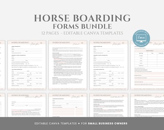 Peut inclure: Un ensemble de 12 formulaires d'hébergement pour chevaux imprimables dans un schéma de couleurs beige et marron. Les formulaires sont des modèles Canva modifiables pour les petites entreprises. Le texte sur les formulaires comprend "Horse Boarding" et "Editable Forms".