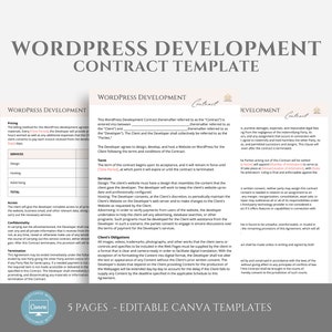 May include: A document titled "WordPress Development Contract Template" with a light blue background and a white font. The document is divided into three sections: "Pricing", "Services", and "Confidentiality".