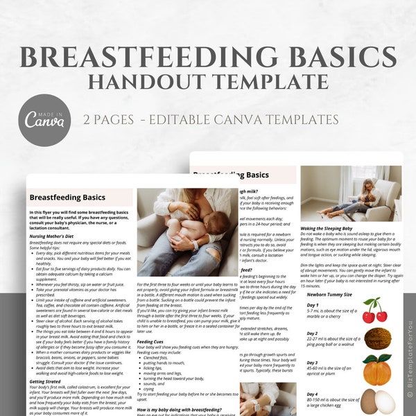 Breastfeeding Basics - Editable Breastfeeding Handout Template for Doulas, Lactation Consultants and other Maternity Professionals, Canva