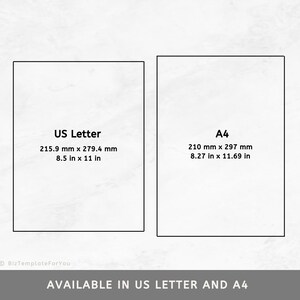May include: Two white rectangles with black borders, showing the dimensions of US Letter and A4 paper sizes in both inches and millimeters. The text "AVAILABLE IN US LETTER AND A4" is below the rectangles.