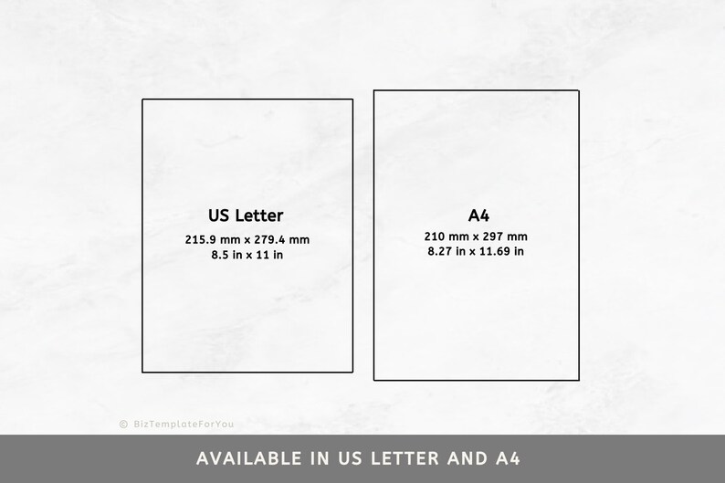 May include: Two white rectangles with black borders, showing the dimensions of US Letter and A4 paper sizes in both inches and millimeters. The text "AVAILABLE IN US LETTER AND A4" is below the rectangles.