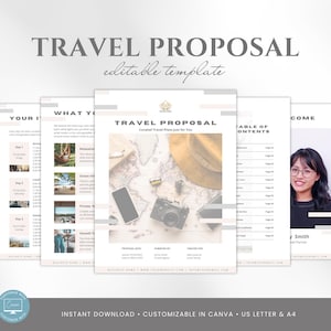 May include: A travel proposal template with a light beige and white design. The cover features a map, camera, hat, and phone. The text reads "TRAVEL PROPOSAL" and "editable template". Additional pages include a table of contents and a photo of a person.