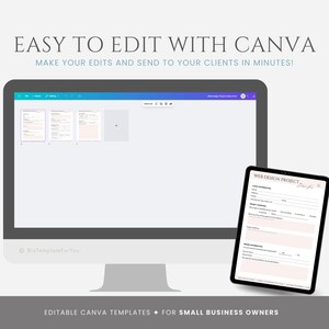May include: A computer screen displaying a Canva design template for a web design project. The template is a form with sections for client information, website goals, and branding details. The text "WEB DESIGN PROJECT" is at the top of the form.