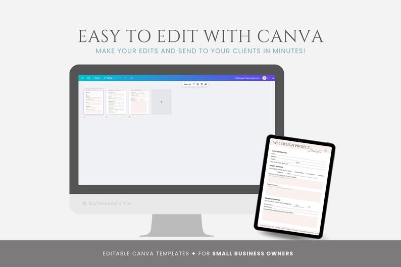 May include: A computer screen displaying a Canva design template for a web design project. The template is a form with sections for client information, website goals, and branding details. The text "WEB DESIGN PROJECT" is at the top of the form.