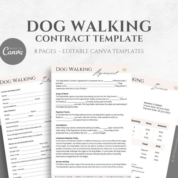 Editable Dog Walking Contract Template, Dog Walker Templates, Dog Walking Service Agreement, Dog Walker Business Forms, Canva editable