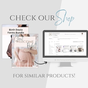 Op de afbeelding: Een computerscherm waarop een website wordt weergegeven met een verscheidenheid aan digitale producten, waaronder een welkomstpakket voor klanten van geboorte-doulas. De tekst "CHECK OUR Shop" wordt boven het scherm weergegeven. De tekst "FOR SIMILAR PRODUCTS!" wordt onder het scherm weergegeven.