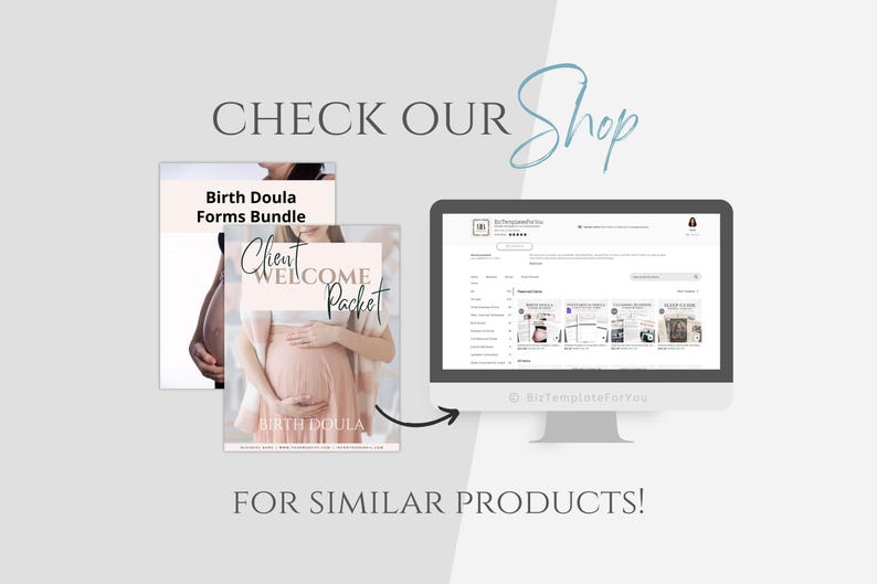 Op de afbeelding: Een computerscherm waarop een website wordt weergegeven met een verscheidenheid aan digitale producten, waaronder een welkomstpakket voor klanten van geboorte-doulas. De tekst "CHECK OUR Shop" wordt boven het scherm weergegeven. De tekst "FOR SIMILAR PRODUCTS!" wordt onder het scherm weergegeven.